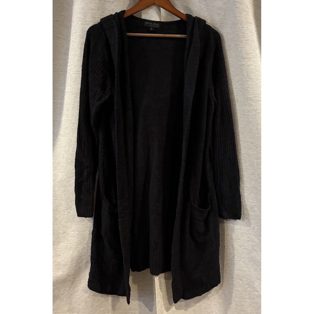 Barefoot Dreams Cozychic Lite Black Hooded Cardigan Robe Pockets Medium